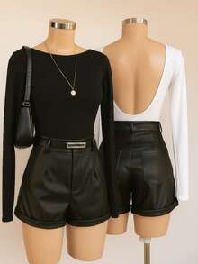 Kit 2 Women's Bodysuits Long Sleeve Bare Back Nude Chic Stylish Black And Brown Leotard - 黑與白 - 查看 1