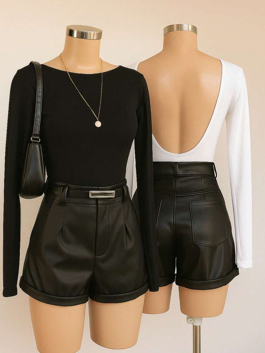 Kit 2 Women's Bodysuits Long Sleeve Bare Back Nude Chic Stylish Black And Brown Leotard - 黑與白 - 查看 1