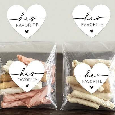 Bolsas de bienvenida con pegatinas favoritas de él y ella para la boda, pegatinas de favor para invitados, etiquetas o etiquetas de favor de ducha nupcial para dulces y aperitivos