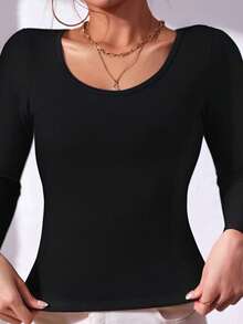 女士简约圆领长袖T恤，基础修身黑色款，适合春、秋、冬季穿着 - 黑色 - 查看 3