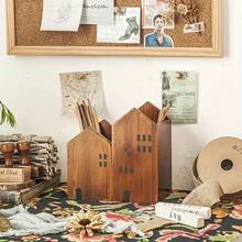 2pc Small House Shape Pen Holder Storage Box - Wooden Retro Desktop Decoration For Art Supplies/Brushes/Office Items - Multi-Use Makeup Brush & Stationery Organizer - Kawaii School Essentials, Back To School Must-Have, Creative Workspace Decor, Vintage Pencil Case Alternative, Dorm Room Desktop Cutie