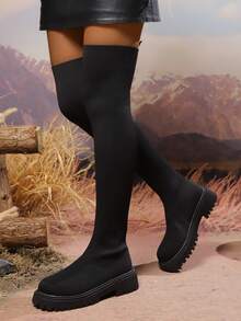 2025秋冬新款女靴，百搭时尚过膝靴，弹力靴，平底女靴，秋冬袜靴，过膝女靴，舒适女靴，时尚女靴，女士过膝靴 - 黑色 - 查看 5