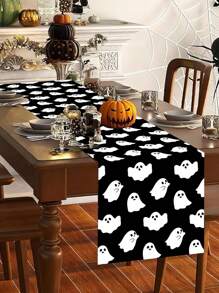 1pc 35*180cm Halloween Cute Ghost Polyester Table Runner - Black & White Ghos Pattern Tablecover, Suitable For Halloween Party, Horror Theme Decor, Restaurants, Kitchens Or Home Gatherings, Party Supplies