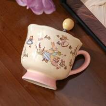 1 pieza Taza de cerámica de 400ml con cuchara, taza con diseño de conejo rosa lindo, taza de café de oficina, taza de desayuno de leche para estudiantes, taza de pareja, regalo de Navidad - Rosa - Ver 4