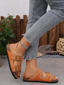 Damen Slip-On Plateau Sandalen, modisch vielseitig bequeme Nieten Strandurlaubs Schuhe