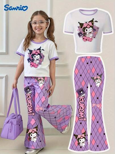 Sanrio Sanrio Ku'luo'm Girls' Bow Decor Book Print Round Neck T-Shirt + Slim Flare Pants 2 Pieces Set