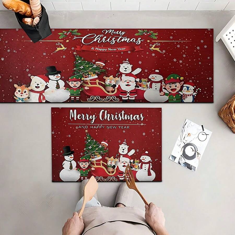1pc Home Decor, Snowman & Christmas Tree Pattern Print, Christmas, Christmas Gift, Christmas Decoration, Diatomite Kitchen Carpet, Kitchen Mat, Rug, Rectangle Carpet, Suitable For Living Room, Bedroom, Hallway, Bathroom, Laundry Room - Polyester Carpet, Suitable For Indoor And Outdoor Home Decor