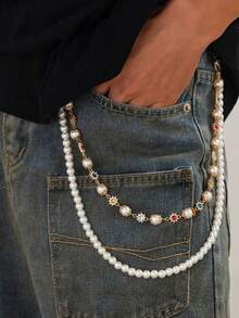 1pc Men's Summer Double-Layer Alloy Pants Chain, Pearl & Rhinestone Flower Decor Chain, Suitable For Daily Wear, Party & Gathering - Pearl Flower Trouser Chain - View 10
