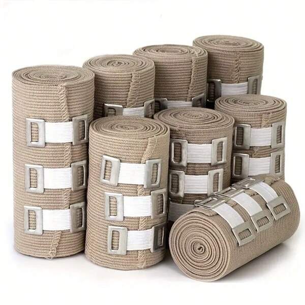 4 rollos de vendaje elástico ajustable - Extensible hasta 177.77 pulgadas, beige con correas blancas, ideal para muñeca, tobillo, pie y rodilla - Perfecto para deportes, fitness y uso diario