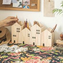 2pc Small House Shape Pen Holder Storage Box - Wooden Retro Desktop Decoration For Art Supplies/Brushes/Office Items - Multi-Use Makeup Brush & Stationery Organizer - Kawaii School Essentials, Back To School Must-Have, Creative Workspace Decor, Vintage Pencil Case Alternative, Dorm Room Desktop Cutie