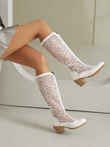 女士新款网眼靴，夏季透气薄款圆头粗跟中筒靴，后拉链，V 型高筒网眼凉鞋靴