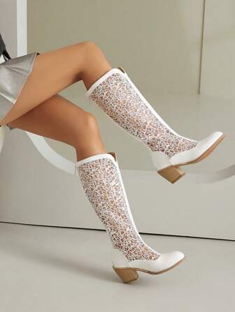 女士新款网眼靴，夏季透气薄款圆头粗跟中筒靴，后拉链，V 型高筒网眼凉鞋靴