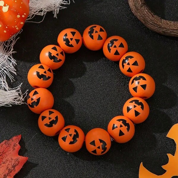 1 szt. Modna biżuteria damska na Halloween, gotycki nadruk dyni, ręcznie robiona elastyczna bransoletka z koralików, dekoracja na imprezę