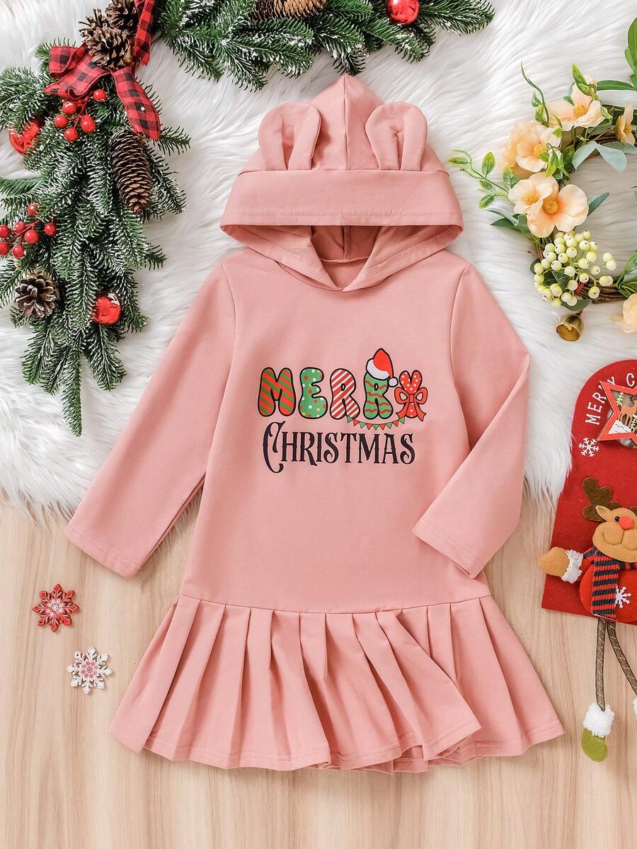 Young Girl' Cute Christmas Bunny Ear Hooded Dress, Spreading Christmas Cheer! Pink Bunny Ear Hoodie Dress, Christmas Themed Prints, Suitable For Christmas Party And Daily Wear In Autumn/Winter - Red Violet - View 1