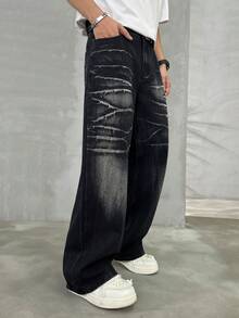 HEHCN Men's Black Loose Fit Jeans, Lightning Scratch Distressed Wash, Fashion Casual Baggy Retro Wide Leg Jeans, Suitable As Gift For Husband, Boyfriend, Grunge - Black - View 6