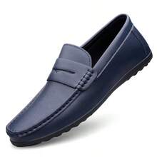 男士奢华真皮便士乐福鞋，休闲编织款一脚蹬平底鞋，配有松紧带，适合春秋季日常穿着、婚礼、派对、办公室、商务场合。 - 藍色 - 查看 7