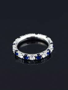 1pc S925 Silver Fully Paved Unisex Ring, Decorated With Synthetic Blue Sapphire And Moissanite, Suitable For Daily Wear, Birthday, Father's Day, Mother's Day Gift - Bạc - Xem 6