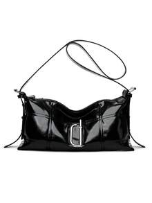 2025新款女士单肩包，独特设计手提包，休闲百搭简约时尚腋下包，舒适PU材质纯色，拉链开合可调节长肩带，容量大，春夏枕头包 - 黑色 - 查看 2