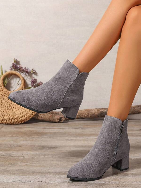 Women's Suede Pointed Toe Chunky Heel Ankle Boots, Fashion Solid Color Side Zipper Dress Boots