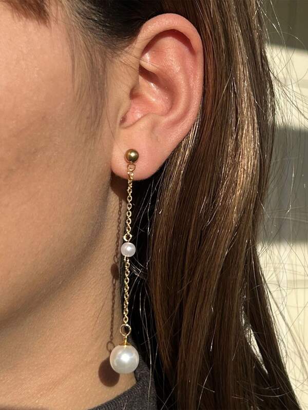 Pendientes colgantes de perlas estilo vintage coreano para mujeres, pendientes elegantes y dulces asimétricos franceses largos con perlas grandes y pequeñas, y borlas que estilizan el rostro