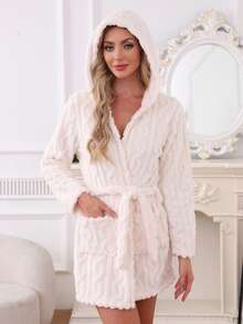 Casual Furry Hooded Waist Tie Sleepwear Fluffy Robe, European & American, Cozy Outfits
