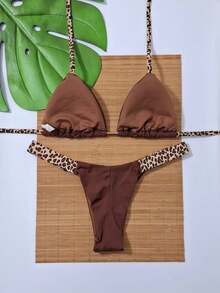 Bicolor Set Perfect Bronze Curtain With Double String Panties Halter Bikini Polyamide Casual Elegant Sensual Backless / Backless Knot At The Back - Nâu và báo - Xem 2