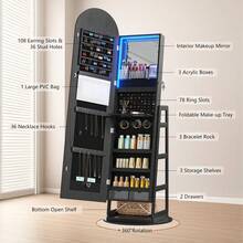 HWB Mirror Jewelry Cabinet With Storage, Arched Jewelry Armoire W/Full Length Mirror & 360° Swivel, Standing Jewelry Holder Organizer For Christmas Gift, Black - Black - View 7