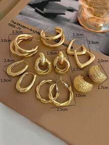 1 Set Minimalist Vintage European & American Style C-Shaped Multi-Layer Small Circle Stud Earrings, Geometric Twisted Metal Texture Earring Set, Suitable For Women's Daily And Holiday Wear - Set a - View 8