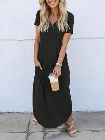Abito corto da donna con collo tondo, cerniera, tasche nascoste e maniche corte