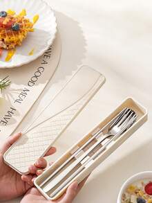 3pcs/4pcs Stainless Steel Cutlery Set, Spoon Fork Chopsticks, Student Outdoor Travel Portable Tableware With Storage Box - Multicolor - View 7