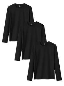 3 Stück/Set Herren Basic einfarbige Crew Neck Slim Fit Langarm T-Shirts, Lässig Alltags Tragen, Frühling/Herbst - Schwarz - Übersicht 2