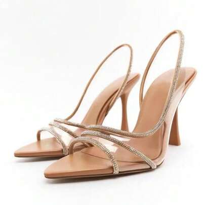 Dünne Absatz High Heels Damen 2024 Sommer Neue Feenstil Flache Mund Rücken Hohl Spitz Wasser Diamant Offene Zehen Sandalen
