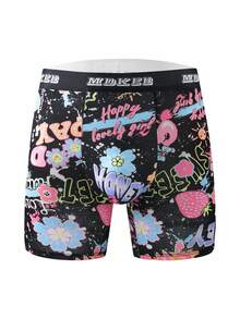 3 piezas Bóxer largos de hombre con estampado de flores y graffiti de fresas, shorts de boxeo cómodos y transpirables de gran elasticidad, shorts deportivos, ropa interior de hombre con diseños novedosos