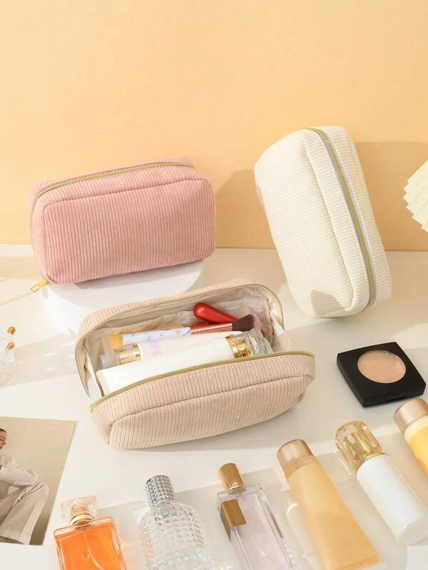 1 pieza Bolsa de almacenamiento de pana, bolsa de maquillaje portátil, bolso de almacenaje con cremallera de múltiples compartimentos, accesorios de viaje para almacenamiento del maquillaje, artículos esenciales para vacaciones