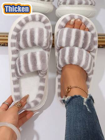 Bohemian Style Slip-On House Slippers For Women, Soft & Comfortable Zebra Striped Plush Slippers With Thick EVA Sole, Suitable For Beach, Home, Casual Wear