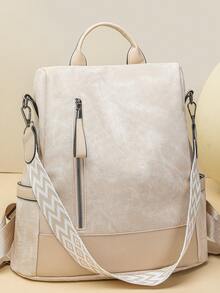 女士高端防盗背包；最新款女士个性化休闲软皮背包；大容量可扩展多功能旅行背包；多功能书包 - 米色 - 查看 5