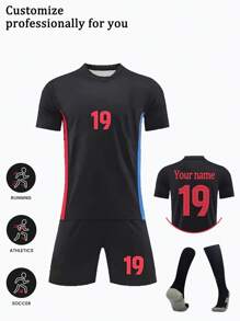 [Customized Item] Personalized Name 2025 Barcelona #19 Youth Football Jersey Set - Made Of Polyester, Includes Crew Neck Top And Shorts, Suitable For Boys Sports Training And Casual Wear, Perfect For Outdoor Activities, Multi-Functional, Ornamental, Letter, Stylish, Modern, Colorful, Cute, Adorable, Casual, Custom, Personalized, Unique, Customized, Baby Gifts, Ideal Gifts For Him, Ideal Gifts For Her, Son, Daughter