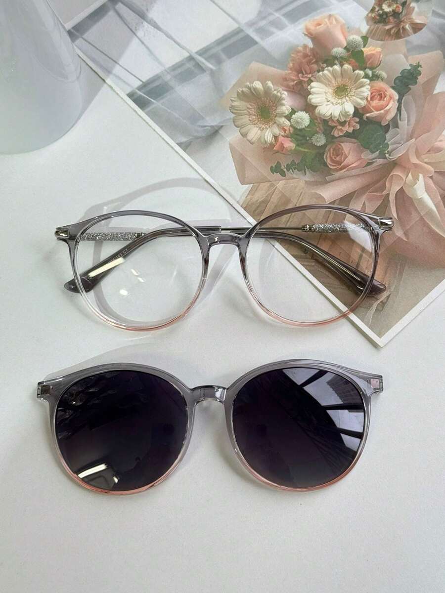 2-In-1 Round Clip-On Glasses Frame With Shine, Model 0273 - Màu xám chuyển màu - Xem 1