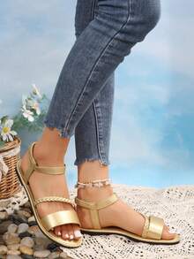 加大码女式编织露趾舒适简约松紧带平底皮革一脚蹬凉鞋，夏季休闲时尚户外沙滩鞋 - 金色 - 查看 5