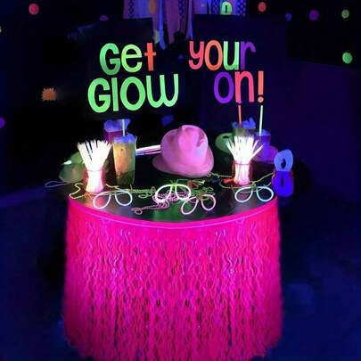 Glow Party Supplies, Neon Party Decorations Luminous Macaron Purple-Red Wavy Metallic Foil Tassel Table Skirt, Suitable For Glow Party, Birthday Decoration