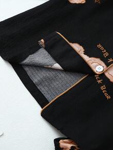 Damski komplet piżamowy z długim rękawem i nadrukiem w misie, z marszczeniami, na jesień i zimę - Czarne - Zobacz 3