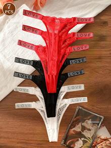 7pcs Women Lace Floral Rhinestone Decorated Sexy Lingerie Set, Thong Panties With Rhinestone Letter Decor