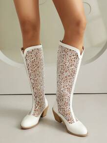 女士新款网眼靴，夏季透气薄款圆头粗跟中筒靴，后拉链，V 型高筒网眼凉鞋靴