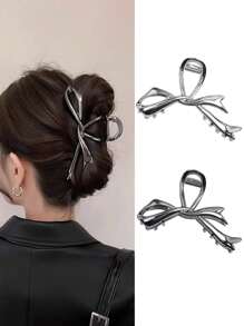 1pc Minimalist Asymmetrical Metal Bow Hair Clip, Suitable For Ponytail Hairstyle With Thick Hair Hair Claws Claw Clips Hair Clips Hair Jaw Clip Hair Clamps Hair Clutch Hair Catcher Clip, Black Hair Accessories
