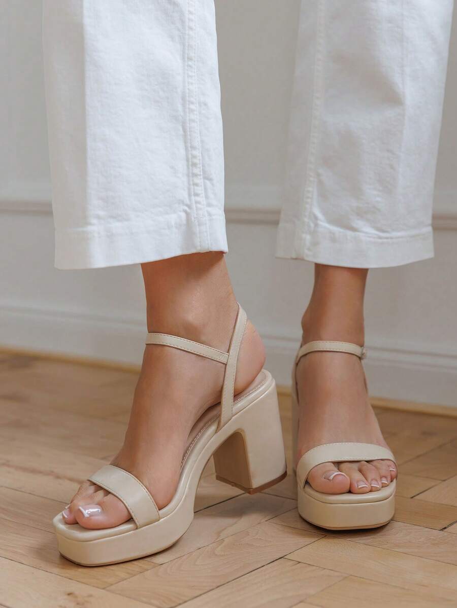 夏季时尚百搭休闲简约高跟凉鞋 - 米色 - 查看 1