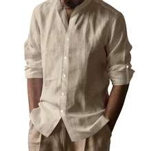 男士宽松休闲亚麻衬衫，适合户外、商务、约会、复古、运动等各种场合，涵盖多个节日（圣诞节、万圣节、感恩节、情人节、骄傲月、教师节、父亲节、狂欢节、复活节、斋月、新年、愚人节、独立日、劳动节、圣帕特里克节、开斋节、护士节、春节），适合春夏秋冬四季穿着，长袖上衣 - 卡其色 - 查看 2