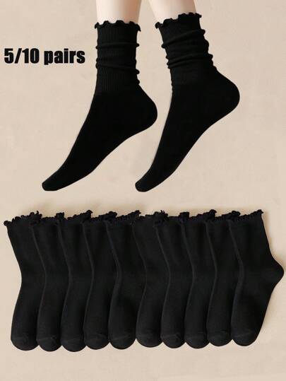5/10 pares de calcetines negros de mujer con volantes y encaje, suaves y transpirables, largos, adecuados para uso diario, festivales, exteriores, primavera/verano/otoño/invierno, combinan con mocasines, zapatos casuales, talla 36-42, calcetines de otoño