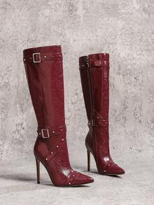 Fall/Winter 2025 12cm Sexy Fashion Leather Strap Metal Buckle Studded Pointed Toe Casual Versatile Side Zipper Burgundy Women Tall Boots,High Heels - Burgundy - View 7