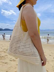 返校季，大码女式手提包，女士针织单肩包，复古镂空编织大容量花卉装饰托特包，钩针包，女士钩针包，夏季沙滩托特包，沙滩包 - 杏色 - 查看 4