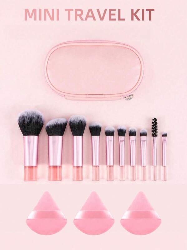 10pcs Mini Pink Makeup Brush Set + 1pc Mini Zipper Pouch + 3pcs Beauty Sponge, Powder Brush, Contour Brush, Blush Brush, Eyeshadow Brush, Highlighter Brush, Brow Brush - Convenient Travel Makeup Tools